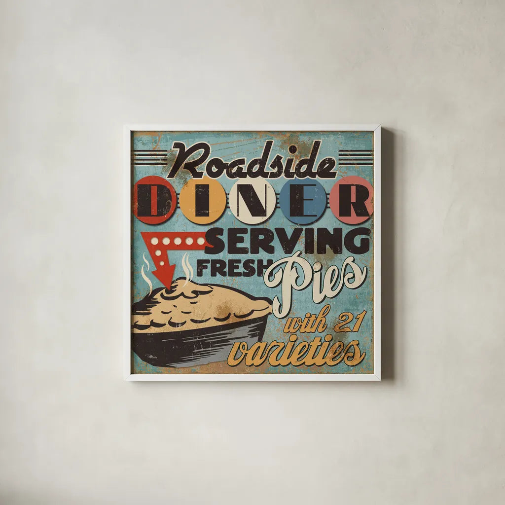Diners and Drive Ins II by Pela Studio. Shown in a crisp white glass frame for a clean and minimalist style. Available as an archival giclee rolled canvas, fine art paper, or poster print. SKU 13129a.