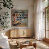 Diners and Drive Ins II by Pela Studio. Shown in a natural wood frame in a cozy modern living room. Available as an archival giclee rolled canvas, fine art paper, or poster print. SKU 13129a.