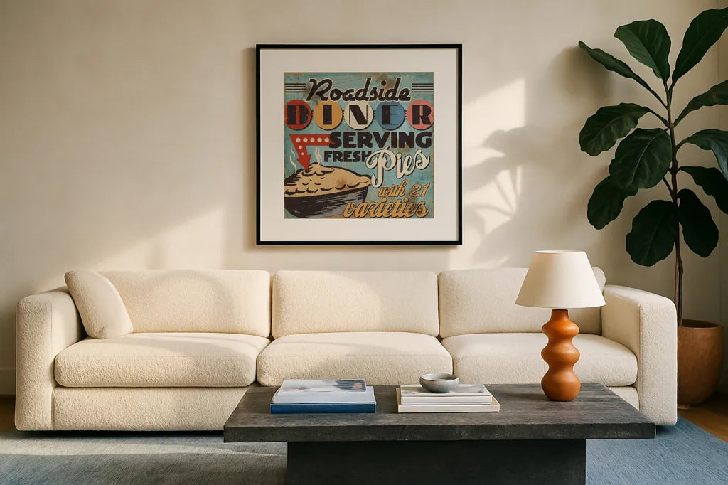 Diners and Drive Ins II by Pela Studio. Displayed in a glass frame with matte in a clean modern living room. Available as an archival giclee rolled canvas, fine art paper, or poster print. SKU 13129a.