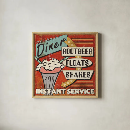 Diners and Drive Ins III by Pela Studio. Shown in a natural wood glass frame for a timeless modern aesthetic. Available as an archival giclee rolled canvas, fine art paper, or poster print. SKU 13130a.
