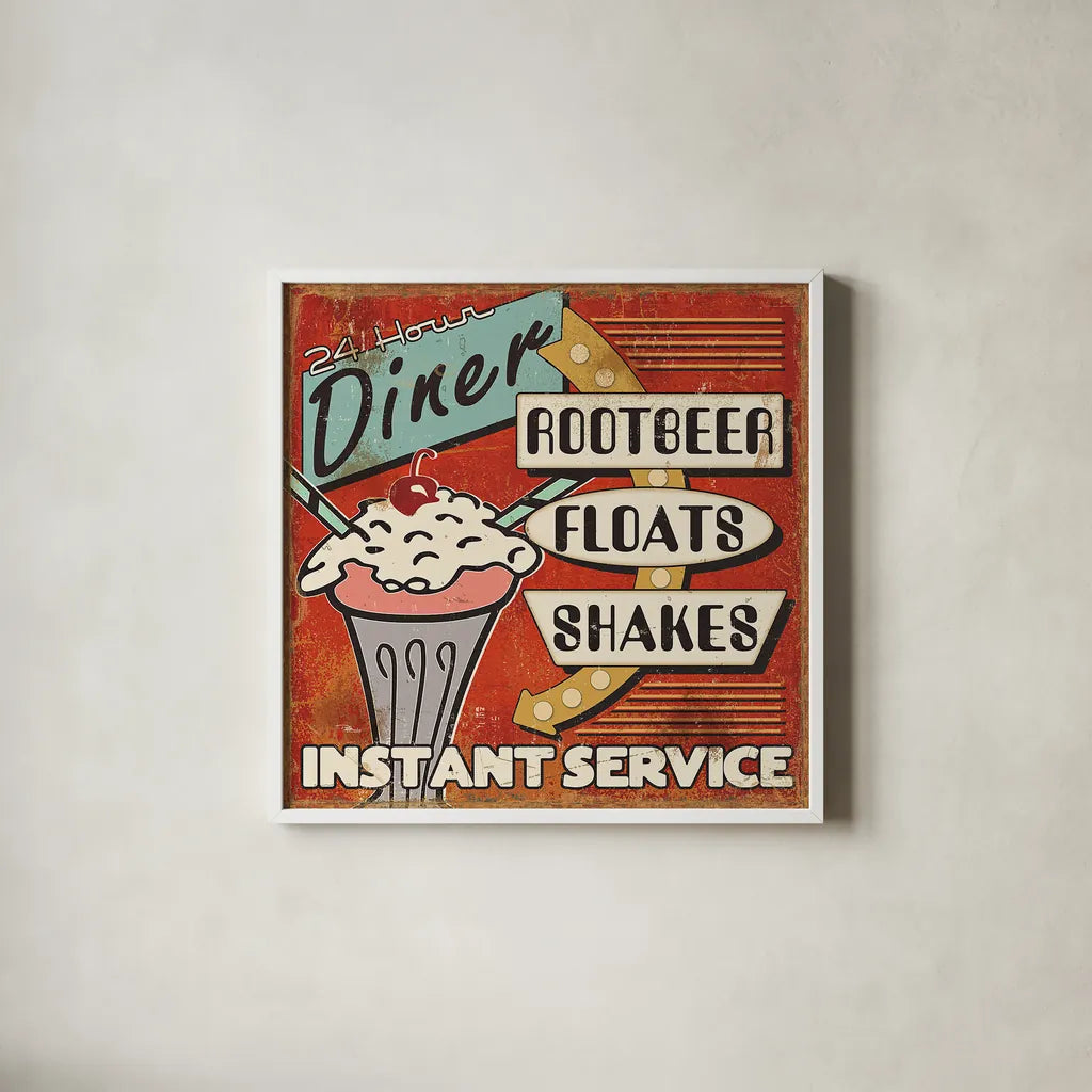 Diners and Drive Ins III by Pela Studio. Shown in a crisp white glass frame for a clean and minimalist style. Available as an archival giclee rolled canvas, fine art paper, or poster print. SKU 13130a.