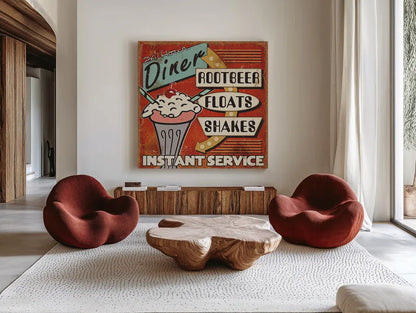 Diners and Drive Ins III by Pela Studio. Shown as extra-large giant wall art in a modern living room. Available as an archival giclee rolled canvas, fine art paper, or poster print. SKU 13130a.