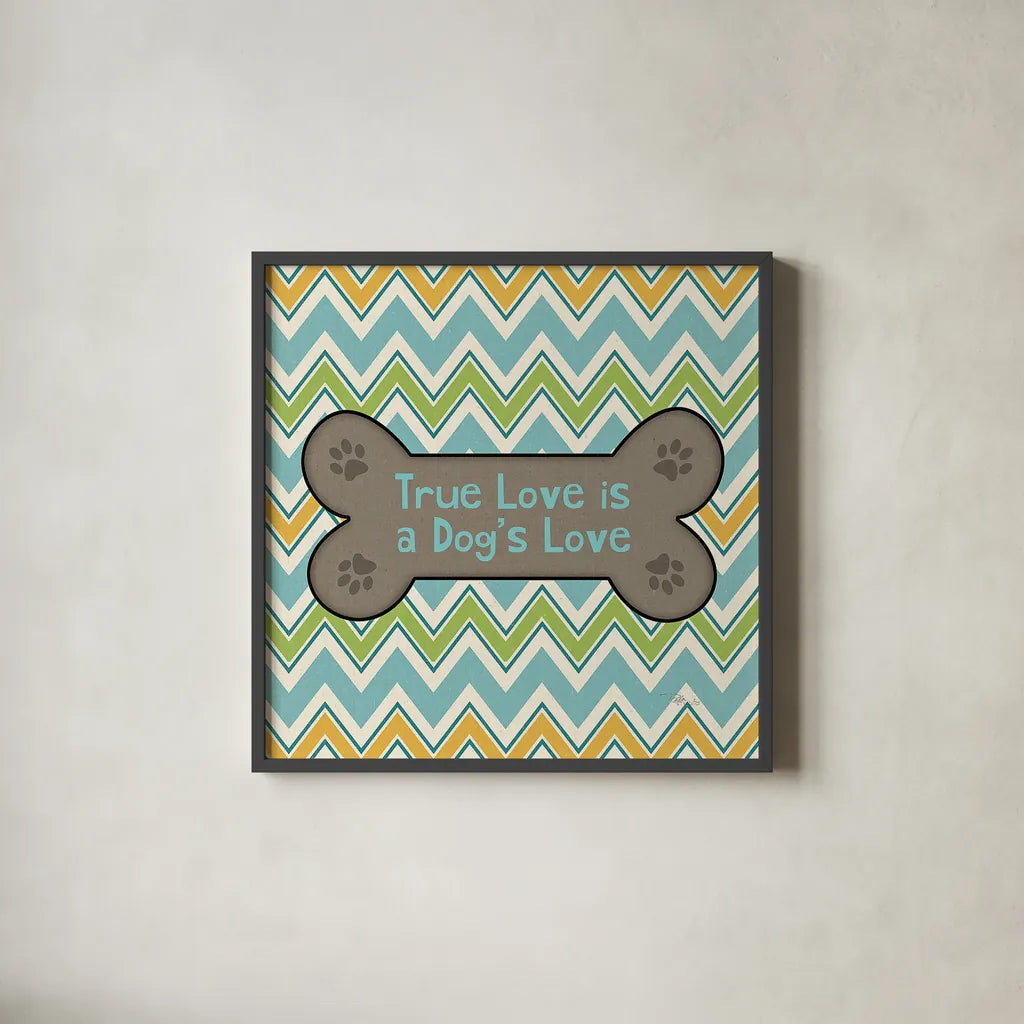 Doggy Sayin I by Pela Studio. Shown in a sleek black glass frame for a contemporary gallery look. Available as an archival giclee rolled canvas, fine art paper, or poster print. SKU 14300a.