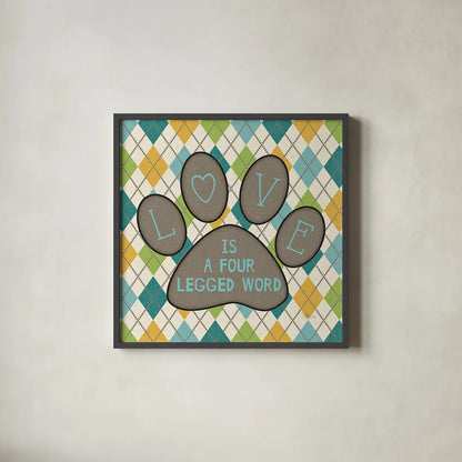 Doggy Sayin II by Pela Studio. Shown in a sleek black glass frame for a contemporary gallery look. Available as an archival giclee rolled canvas, fine art paper, or poster print. SKU 14301a.