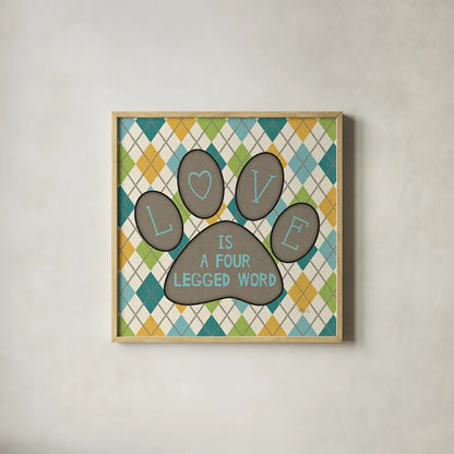 Doggy Sayin II by Pela Studio. Shown in a natural wood glass frame for a timeless modern aesthetic. Available as an archival giclee rolled canvas, fine art paper, or poster print. SKU 14301a.