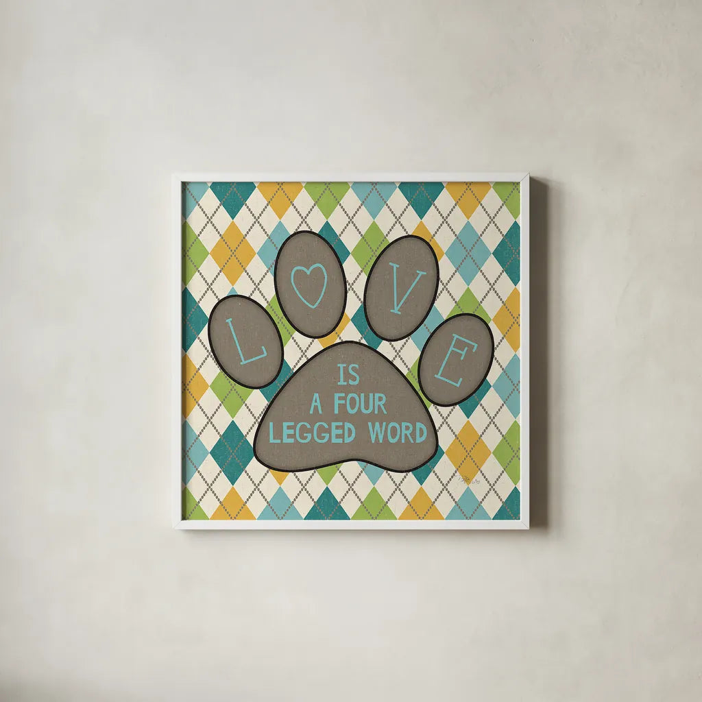 Doggy Sayin II by Pela Studio. Shown in a crisp white glass frame for a clean and minimalist style. Available as an archival giclee rolled canvas, fine art paper, or poster print. SKU 14301a.