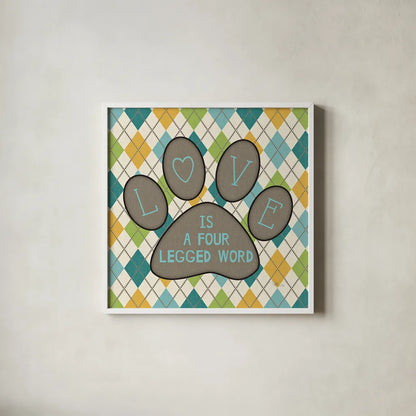 Doggy Sayin II by Pela Studio. Shown in a crisp white glass frame for a clean and minimalist style. Available as an archival giclee rolled canvas, fine art paper, or poster print. SKU 14301a.