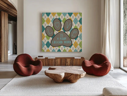 Doggy Sayin II by Pela Studio. Shown as extra-large giant wall art in a modern living room. Available as an archival giclee rolled canvas, fine art paper, or poster print. SKU 14301a.