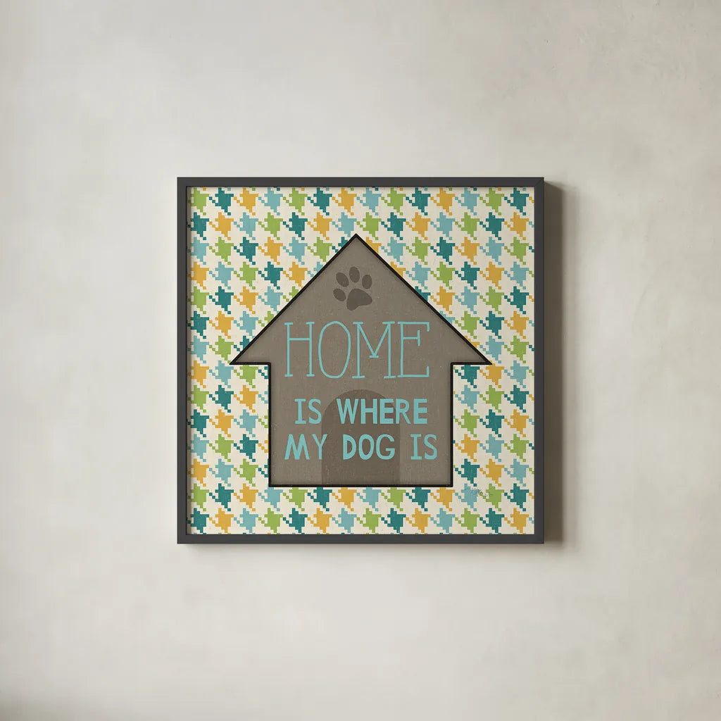 Doggy Sayin IV by Pela Studio. Shown in a sleek black glass frame for a contemporary gallery look. Available as an archival giclee rolled canvas, fine art paper, or poster print. SKU 14303a.