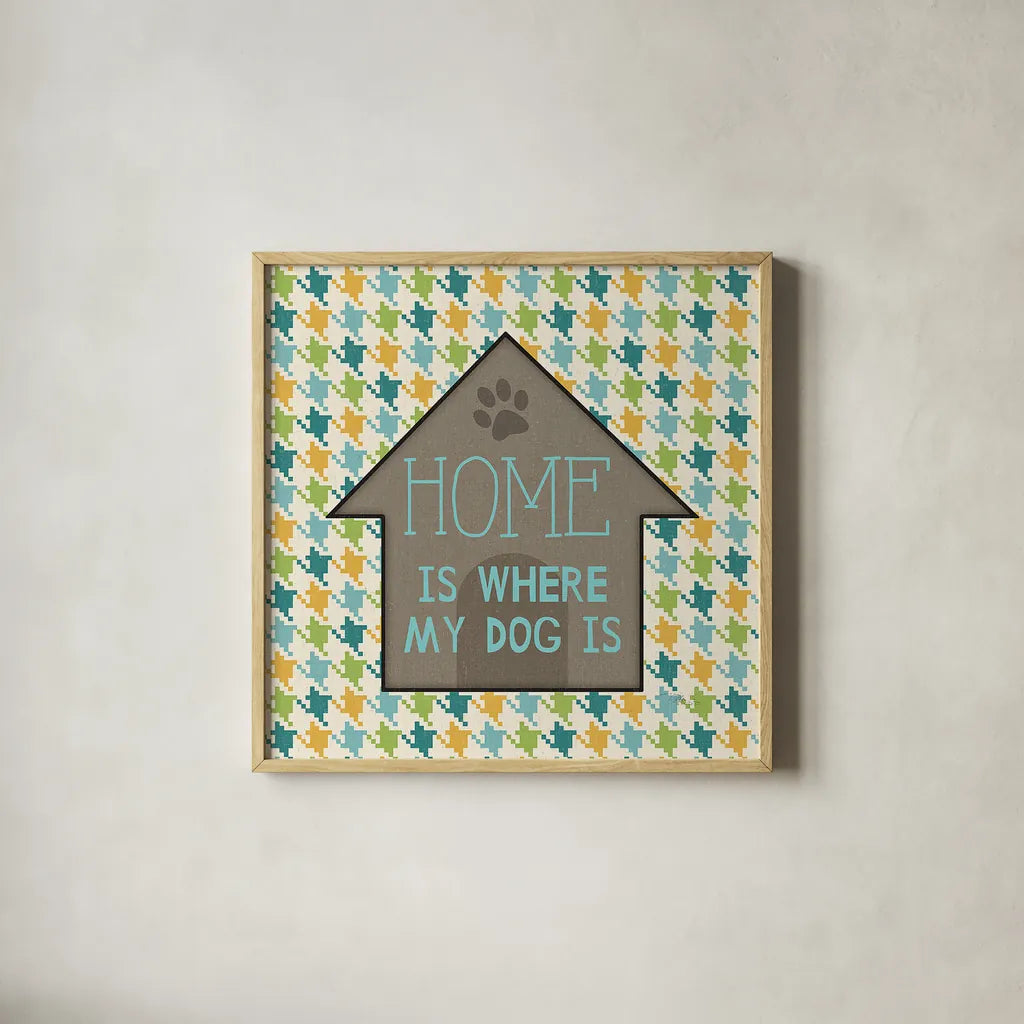 Doggy Sayin IV by Pela Studio. Shown in a natural wood glass frame for a timeless modern aesthetic. Available as an archival giclee rolled canvas, fine art paper, or poster print. SKU 14303a.