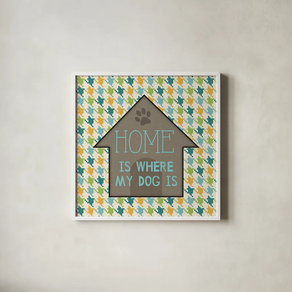 Doggy Sayin IV by Pela Studio. Shown in a crisp white glass frame for a clean and minimalist style. Available as an archival giclee rolled canvas, fine art paper, or poster print. SKU 14303a.