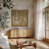 Faded Ornate I Gray no Bird by Pela Studio. Shown in a natural wood frame in a cozy modern living room. Available as an archival giclee rolled canvas, fine art paper, or poster print. SKU 14039a.