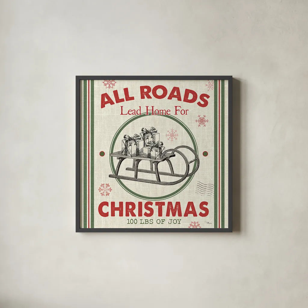 Farmhouse Holiday II by Pela Studio. Shown in a sleek black glass frame for a contemporary gallery look. Available as an archival giclee rolled canvas, fine art paper, or poster print. SKU 41867a.