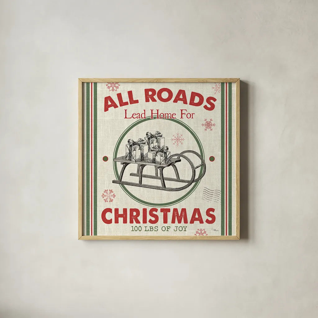 Farmhouse Holiday II by Pela Studio. Shown in a natural wood glass frame for a timeless modern aesthetic. Available as an archival giclee rolled canvas, fine art paper, or poster print. SKU 41867a.