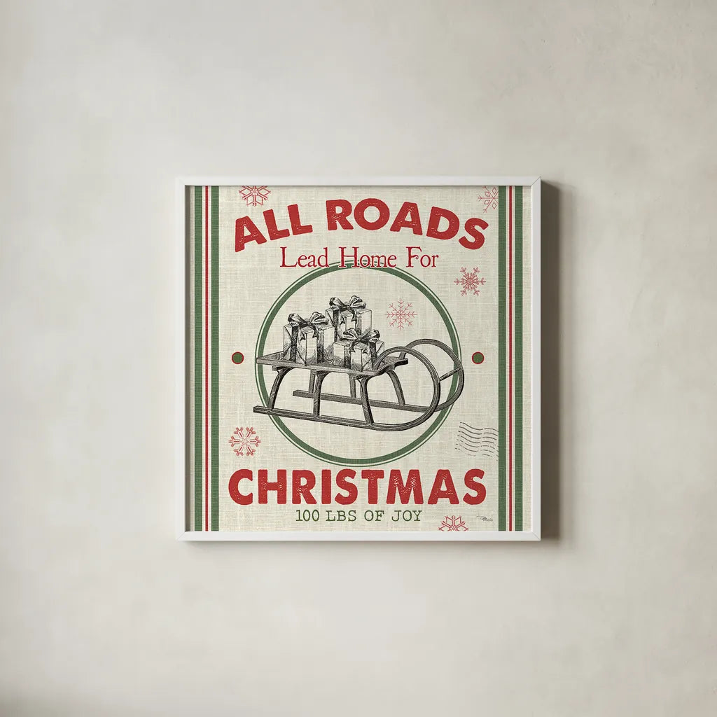 Farmhouse Holiday II by Pela Studio. Shown in a crisp white glass frame for a clean and minimalist style. Available as an archival giclee rolled canvas, fine art paper, or poster print. SKU 41867a.