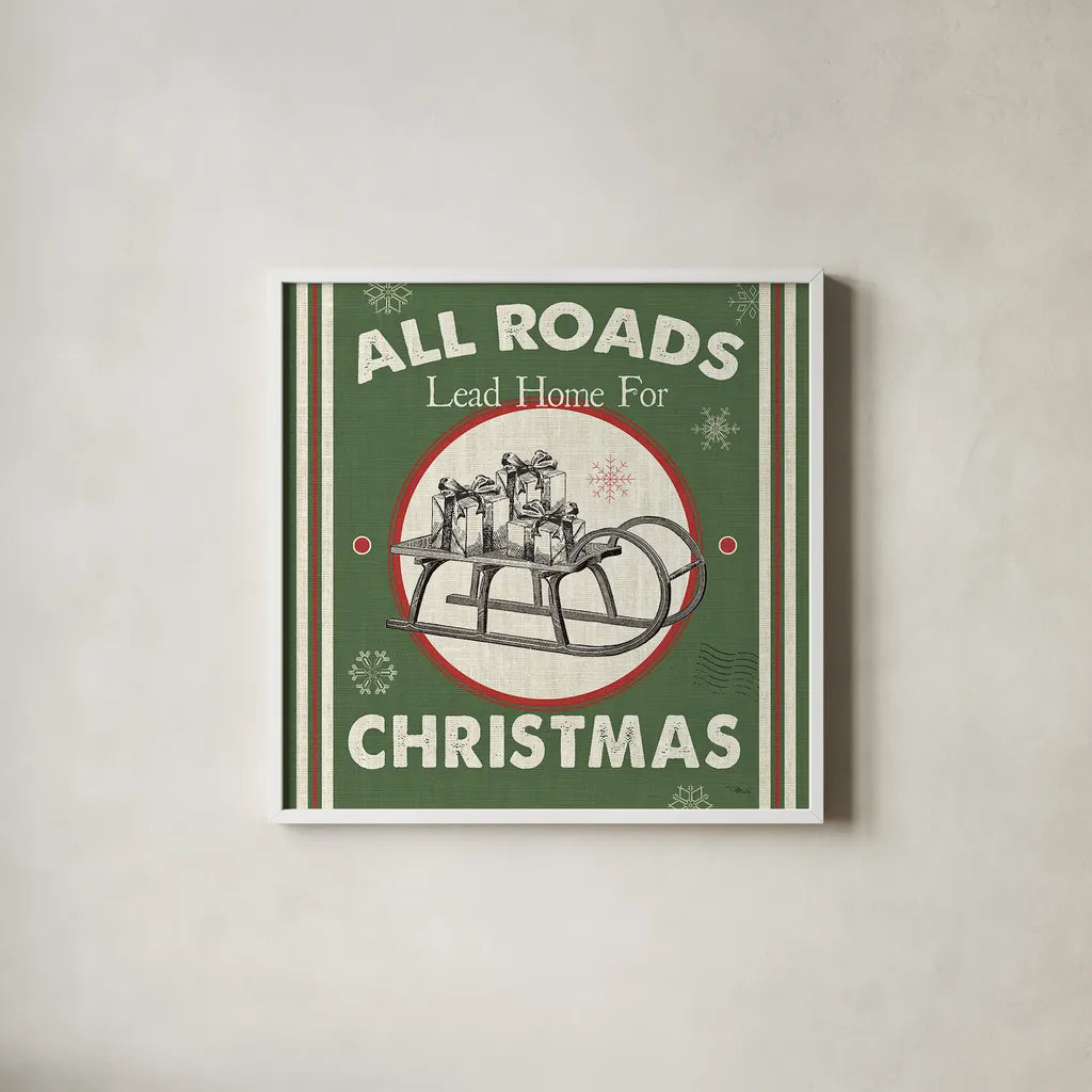 Farmhouse Holiday II Color by Pela Studio. Shown in a crisp white glass frame for a clean and minimalist style. Available as an archival giclee rolled canvas, fine art paper, or poster print. SKU 41871a.