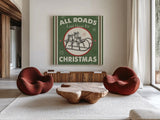 Farmhouse Holiday II Color by Pela Studio. Shown as extra-large giant wall art in a modern living room. Available as an archival giclee rolled canvas, fine art paper, or poster print. SKU 41871a.