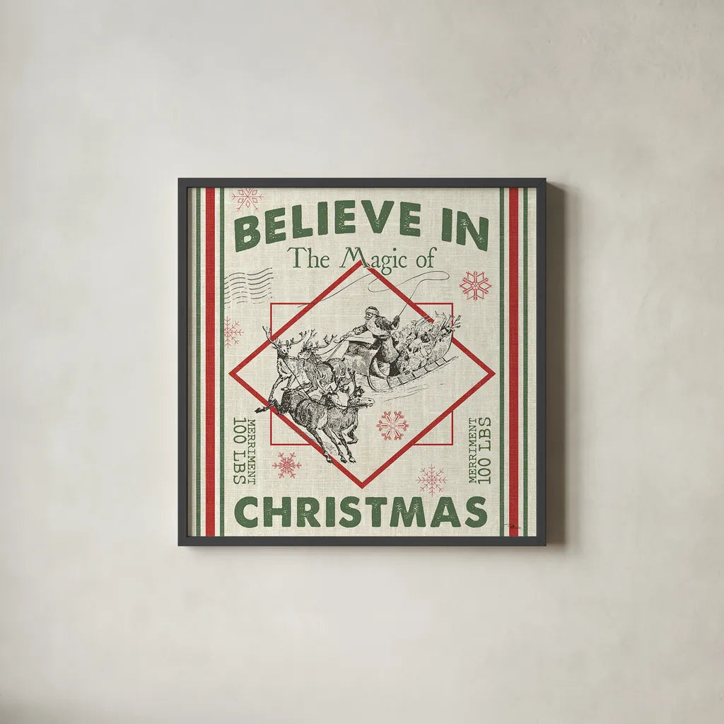 Farmhouse Holiday III by Pela Studio. Shown in a sleek black glass frame for a contemporary gallery look. Available as an archival giclee rolled canvas, fine art paper, or poster print. SKU 41868a.