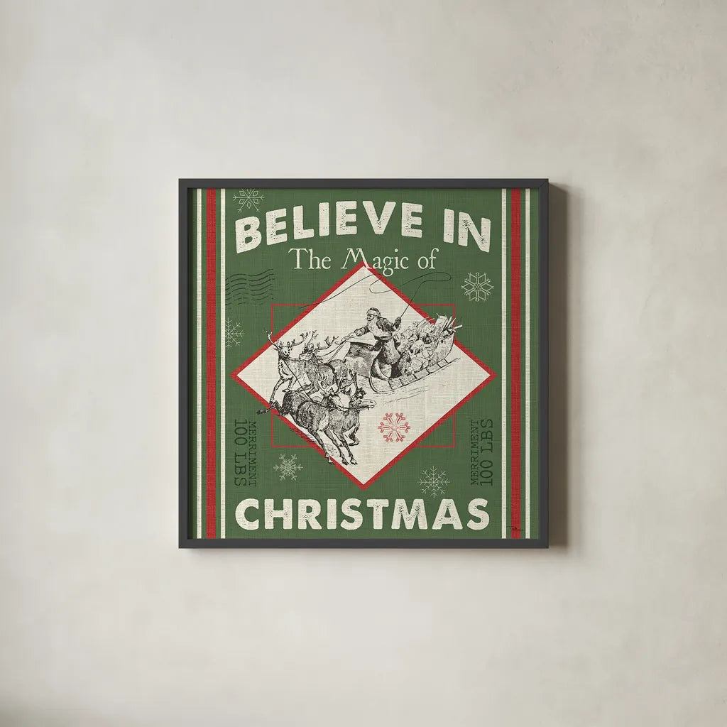 Farmhouse Holiday III Color by Pela Studio. Shown in a sleek black glass frame for a contemporary gallery look. Available as an archival giclee rolled canvas, fine art paper, or poster print. SKU 41872a.