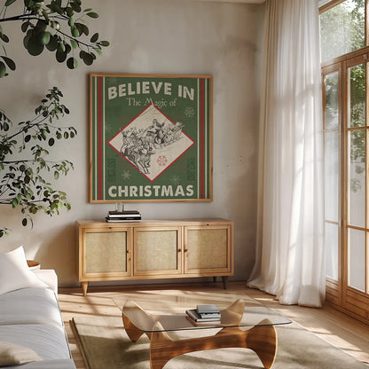 Farmhouse Holiday III Color by Pela Studio. Shown in a natural wood frame in a cozy modern living room. Available as an archival giclee rolled canvas, fine art paper, or poster print. SKU 41872a.