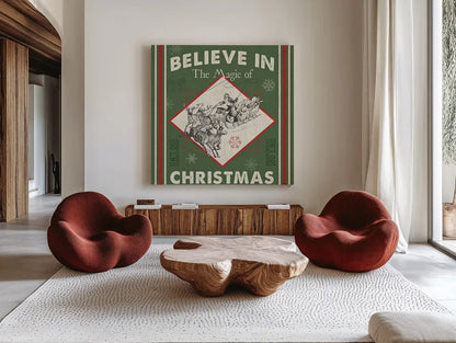 Farmhouse Holiday III Color by Pela Studio. Shown as extra-large giant wall art in a modern living room. Available as an archival giclee rolled canvas, fine art paper, or poster print. SKU 41872a.
