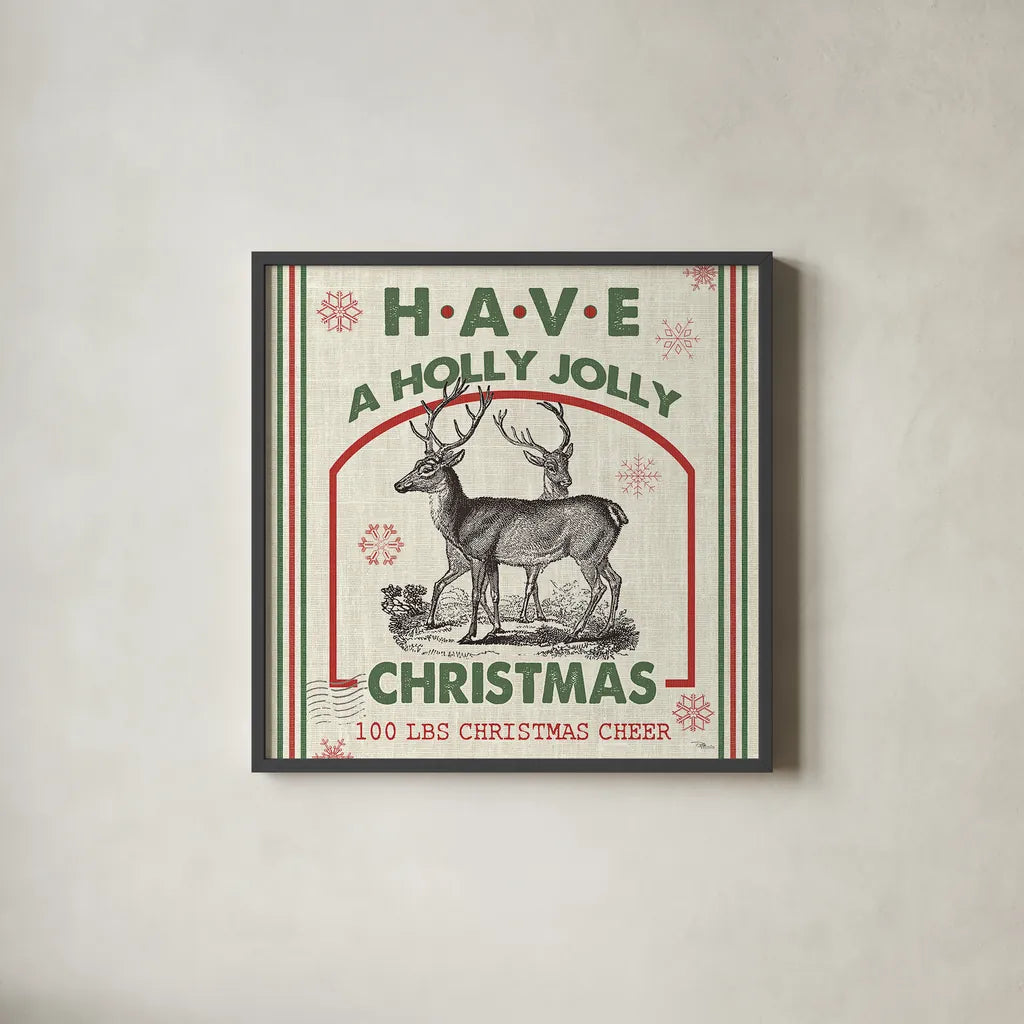 Farmhouse Holiday IV by Pela Studio. Shown in a sleek black glass frame for a contemporary gallery look. Available as an archival giclee rolled canvas, fine art paper, or poster print. SKU 41869a.