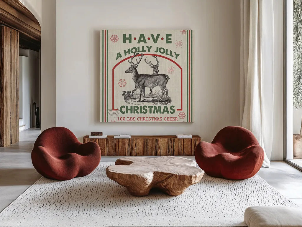 Farmhouse Holiday IV by Pela Studio. Shown as extra-large giant wall art in a modern living room. Available as an archival giclee rolled canvas, fine art paper, or poster print. SKU 41869a.