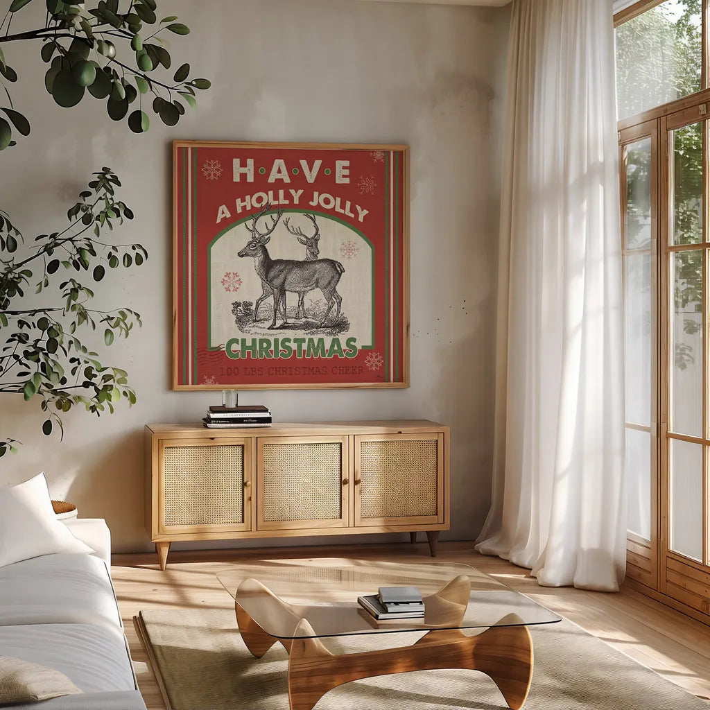 Farmhouse Holiday IV Color by Pela Studio. Shown in a natural wood frame in a cozy modern living room. Available as an archival giclee rolled canvas, fine art paper, or poster print. SKU 41873a.