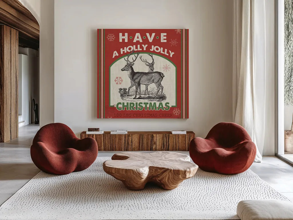 Farmhouse Holiday IV Color by Pela Studio. Shown as extra-large giant wall art in a modern living room. Available as an archival giclee rolled canvas, fine art paper, or poster print. SKU 41873a.