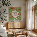 Festive Thoughts I by Pela Studio. Shown in a natural wood frame in a cozy modern living room. Available as an archival giclee rolled canvas, fine art paper, or poster print. SKU 101263a.