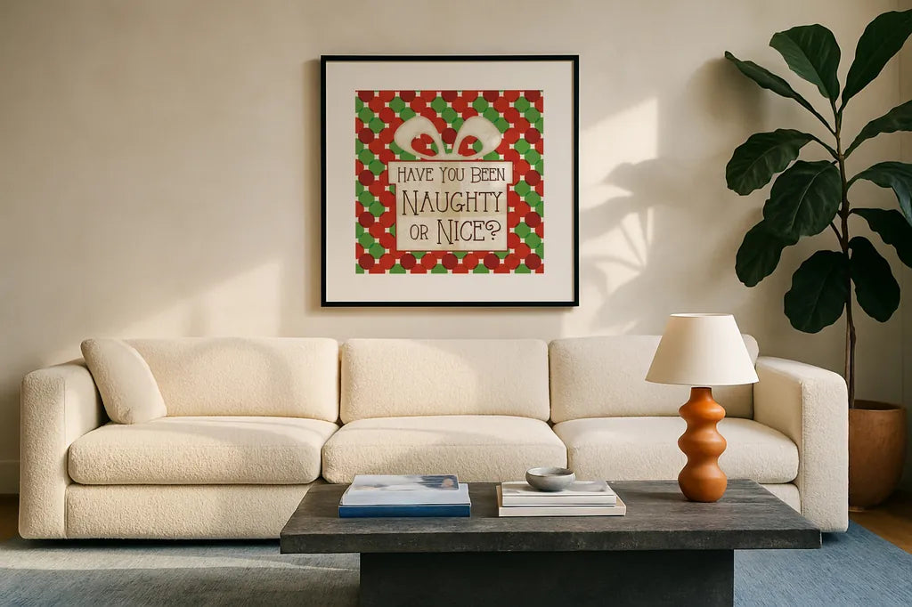 Festive Thoughts II by Pela Studio. Displayed in a glass frame with matte in a clean modern living room. Available as an archival giclee rolled canvas, fine art paper, or poster print. SKU 101264a.