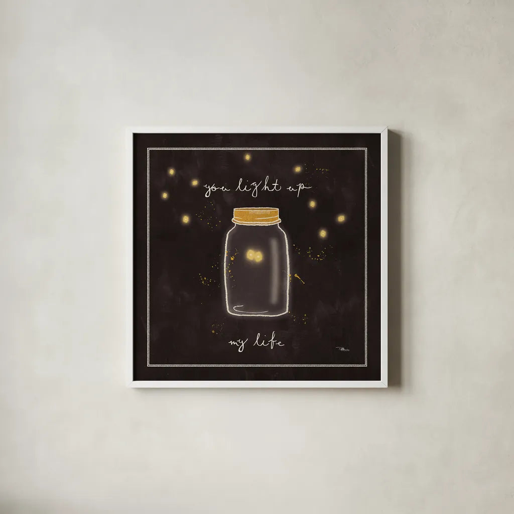 Firefly Glow I by Pela Studio. Shown in a crisp white glass frame for a clean and minimalist style. Available as an archival giclee rolled canvas, fine art paper, or poster print. SKU 17214a.