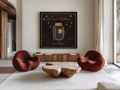 Firefly Glow II by Pela Studio. Shown as extra-large giant wall art in a modern living room. Available as an archival giclee rolled canvas, fine art paper, or poster print. SKU 17215a.
