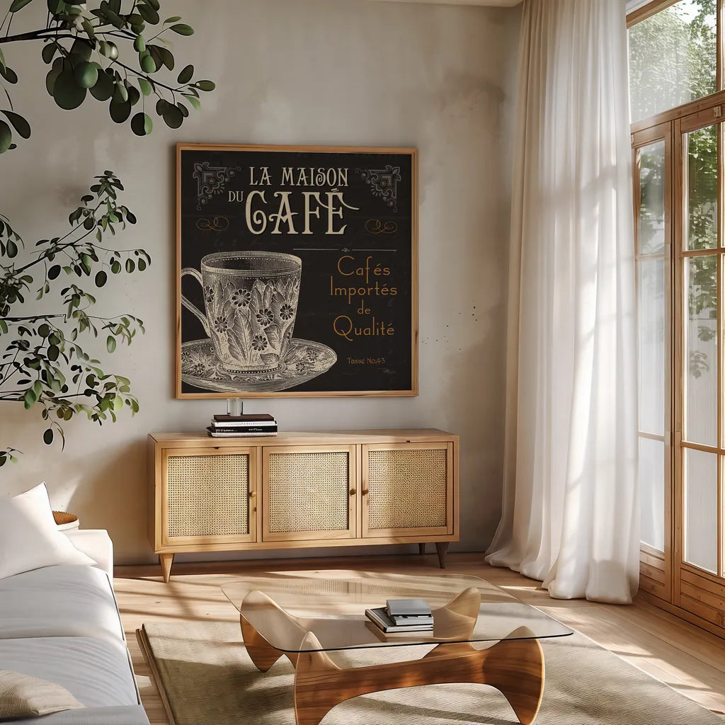 Flavors of France I by Pela Studio. Shown in a natural wood frame in a cozy modern living room. Available as an archival giclee rolled canvas, fine art paper, or poster print. SKU 9308a.