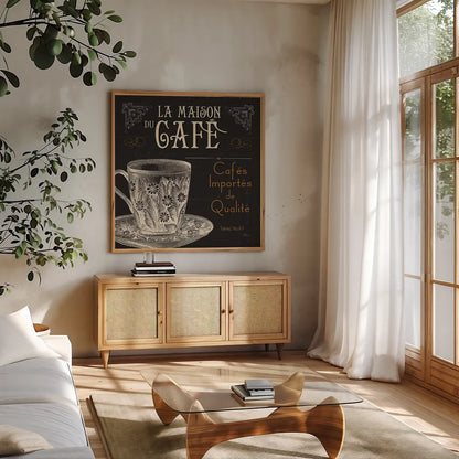 Flavors of France I by Pela Studio. Shown in a natural wood frame in a cozy modern living room. Available as an archival giclee rolled canvas, fine art paper, or poster print. SKU 9308a.