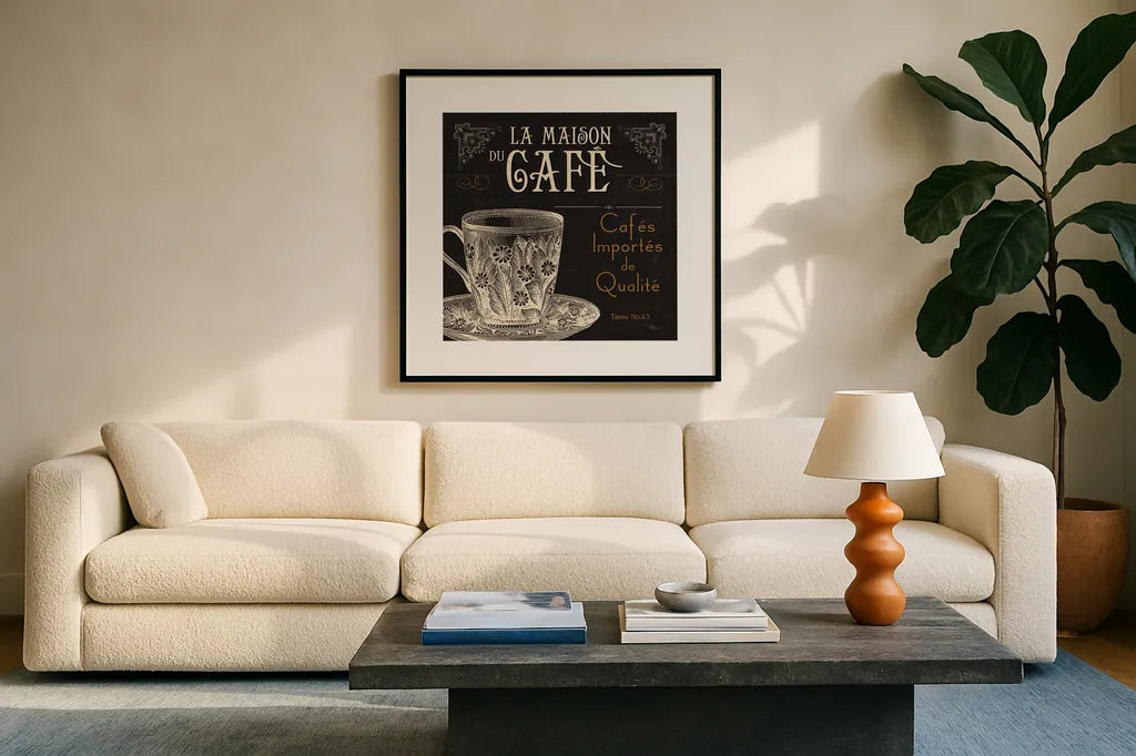 Flavors of France I by Pela Studio. Displayed in a glass frame with matte in a clean modern living room. Available as an archival giclee rolled canvas, fine art paper, or poster print. SKU 9308a.