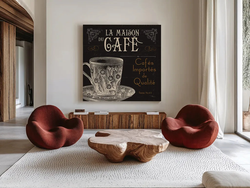 Flavors of France I by Pela Studio. Shown as extra-large giant wall art in a modern living room. Available as an archival giclee rolled canvas, fine art paper, or poster print. SKU 9308a.