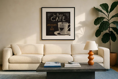 Flavors of France II by Pela Studio. Displayed in a glass frame with matte in a clean modern living room. Available as an archival giclee rolled canvas, fine art paper, or poster print. SKU 9309a.