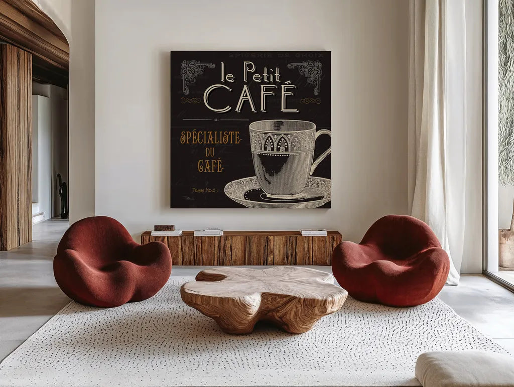 Flavors of France II by Pela Studio. Shown as extra-large giant wall art in a modern living room. Available as an archival giclee rolled canvas, fine art paper, or poster print. SKU 9309a.