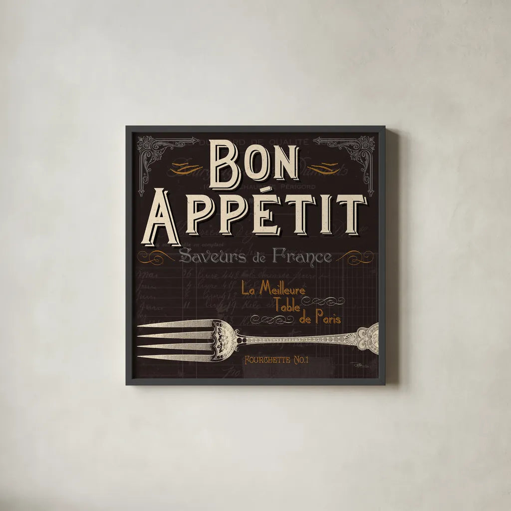 Flavors of France III by Pela Studio. Shown in a sleek black glass frame for a contemporary gallery look. Available as an archival giclee rolled canvas, fine art paper, or poster print. SKU 10987a.