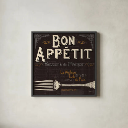 Flavors of France III by Pela Studio. Shown in a sleek black glass frame for a contemporary gallery look. Available as an archival giclee rolled canvas, fine art paper, or poster print. SKU 10987a.