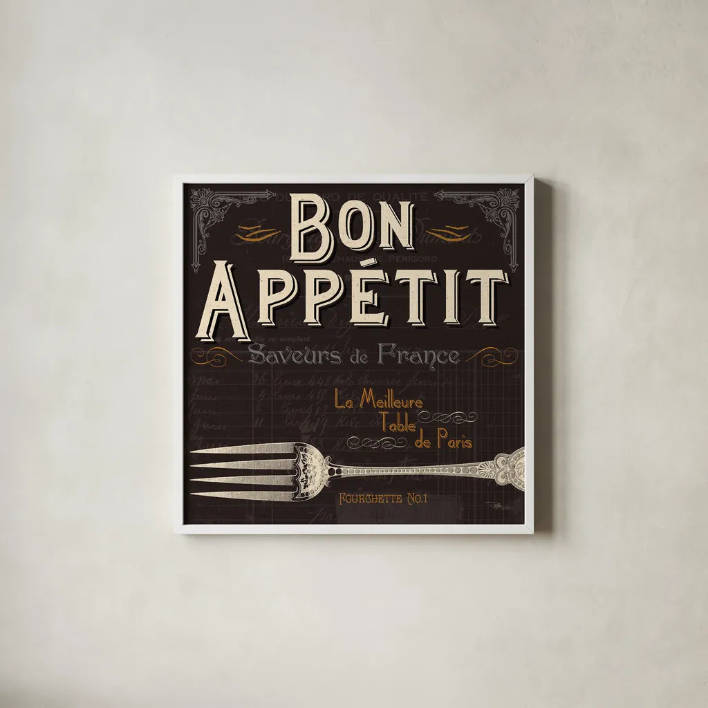 Flavors of France III by Pela Studio. Shown in a crisp white glass frame for a clean and minimalist style. Available as an archival giclee rolled canvas, fine art paper, or poster print. SKU 10987a.