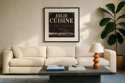 Flavors of France IV by Pela Studio. Displayed in a glass frame with matte in a clean modern living room. Available as an archival giclee rolled canvas, fine art paper, or poster print. SKU 10988a.