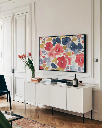 Floral Flow I by Pela Studio. shown as a framed stretched canvas in a living room above a console. Available as a archival giclee rolled canvas, fine art paper, or poster print. SKU 49215i.