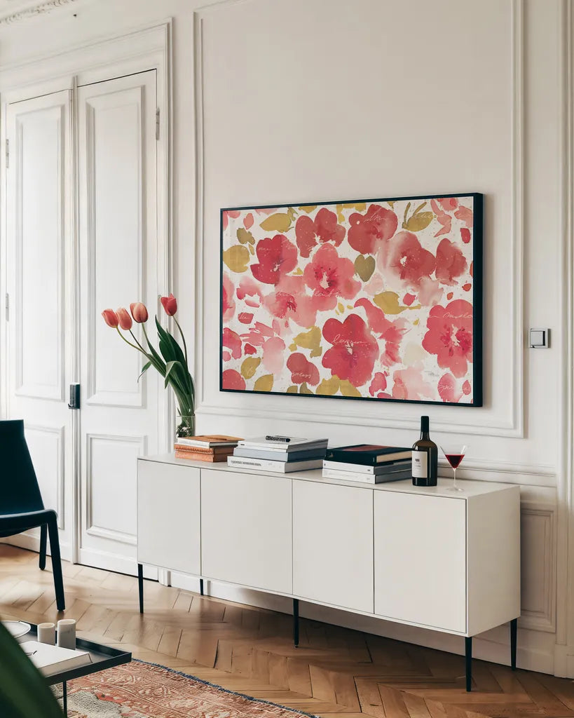 Floral Flow I Red Gold by Pela Studio. shown as a framed stretched canvas in a living room above a console. Available as a archival giclee rolled canvas, fine art paper, or poster print. SKU 55936i.
