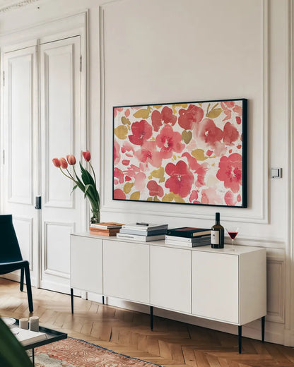 Floral Flow I Red Gold by Pela Studio. shown as a framed stretched canvas in a living room above a console. Available as a archival giclee rolled canvas, fine art paper, or poster print. SKU 55936i.