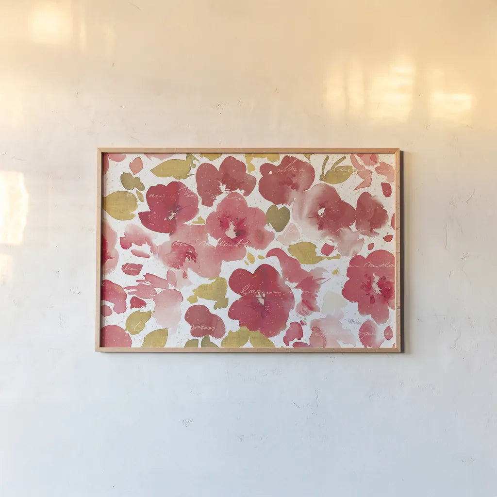 Floral Flow I Red Gold by Pela Studio. shown as a paper print in a natural frame. Available as a archival giclee rolled canvas, fine art paper, or poster print. SKU 55936i.