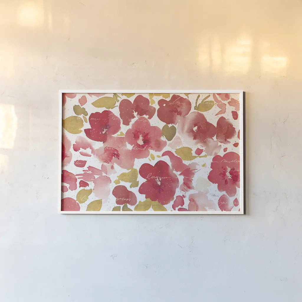 Floral Flow I Red Gold by Pela Studio. shown as a paper print in a white frame. Available as a archival giclee rolled canvas, fine art paper, or poster print. SKU 55936i.