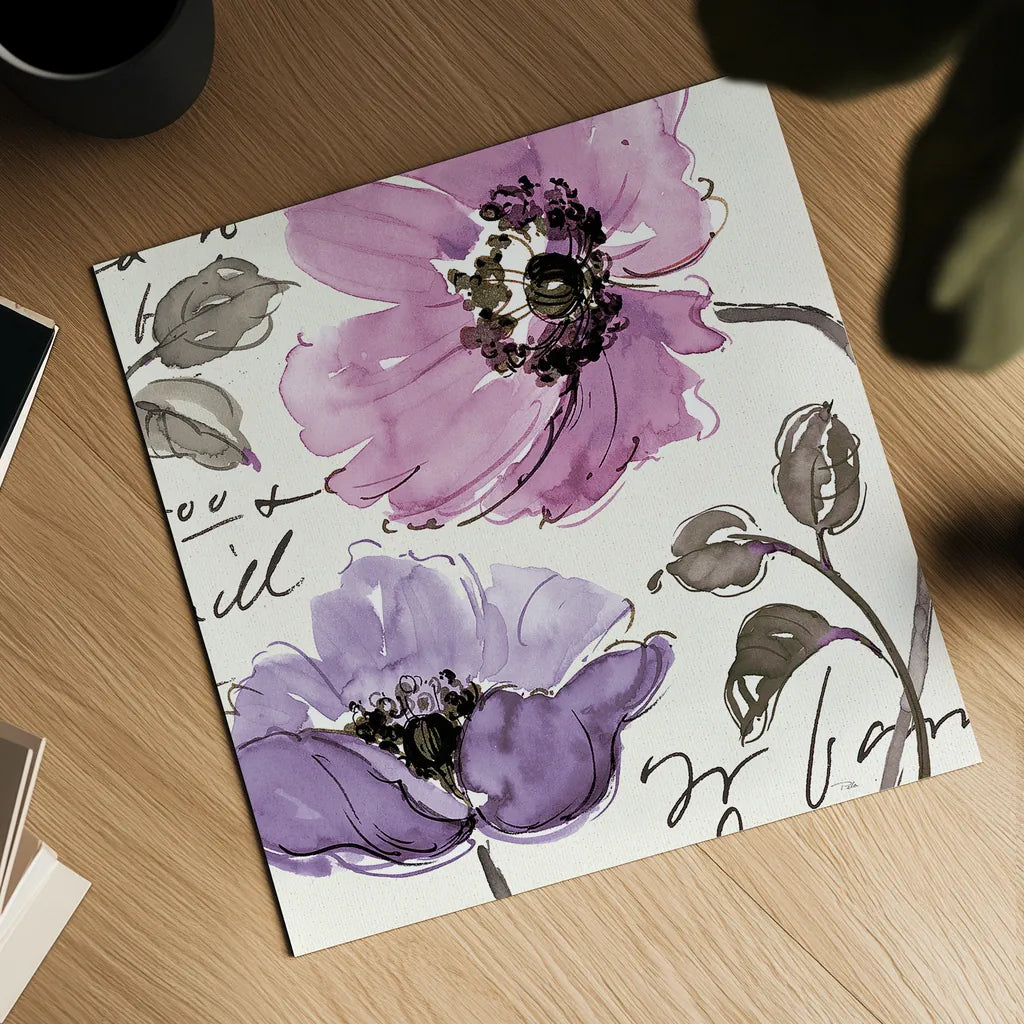 Floral Waltz Plum I by Pela Studio. Shown as a detailed flat fine art print, highlighting archival giclee quality. Available as an archival giclee rolled canvas, fine art paper, or poster print. SKU 8095a.