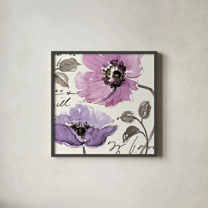 Floral Waltz Plum I by Pela Studio. Shown in a sleek black glass frame for a contemporary gallery look. Available as an archival giclee rolled canvas, fine art paper, or poster print. SKU 8095a.